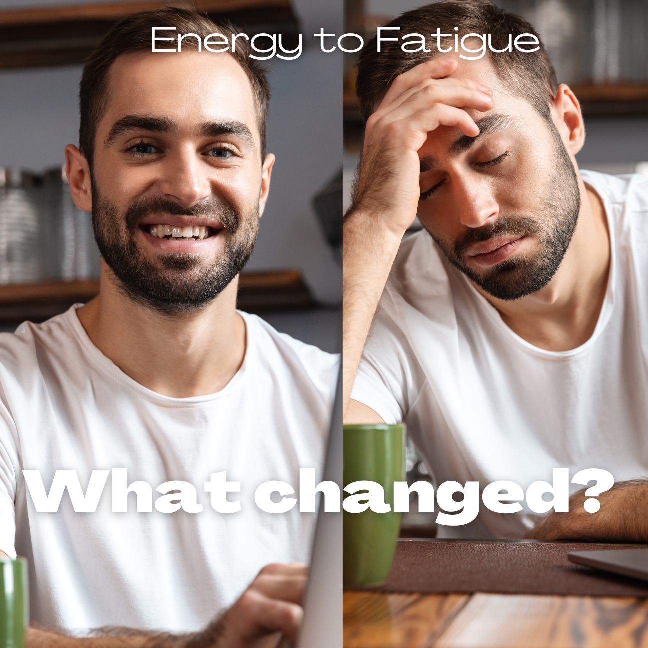 Split-screen of home office worker: morning energetic pose versus afternoon fatigue pose