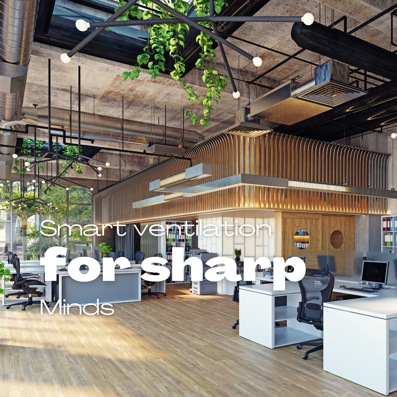 Contemporary office space with visible ceiling ventilation systems and air quality monitors